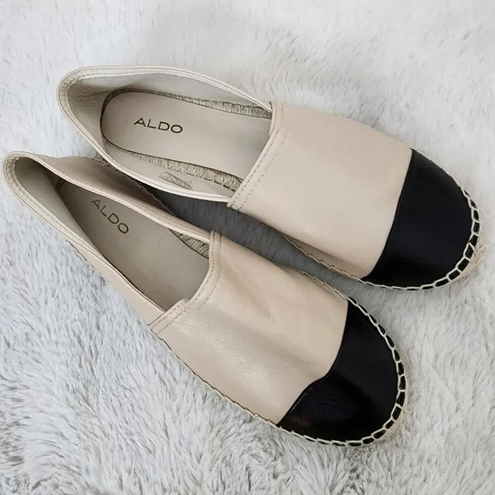 NEW Aldo Cone Leather Espadrilles Natural Cream Black Block Slip On Flats 9